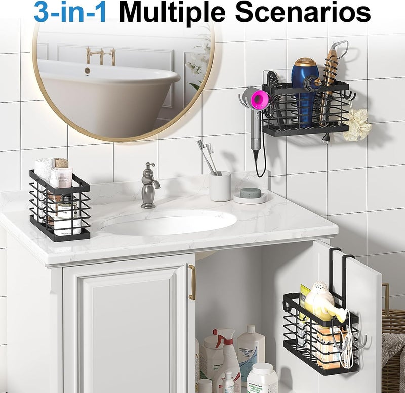 Sevenblue Hair Tool Organizer, 2026 Upgraded 3-in-1 Universal Hair Dryer Holder, Adjustable Height Metal Blow Dryer Holder Wall Mounted/Over Cabinet Door/Free-Standing (Black) - Image 4